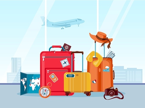 Tourist travel suitcases. Luggage and bags with map, camera and summer hat in airport. Tourism agency, adventure and vacation vector concept. Illustration luggage and travel baggage