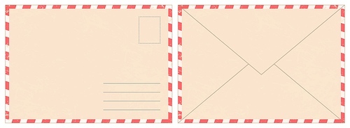 Blank retro postal envelope. Old vintage air mail letter. Craft paper correspondence envelopes back and front view realistic vector mockup. Message delivery and sending, realistic postage