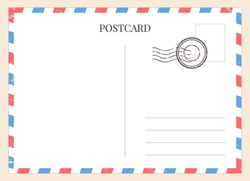 Postcard template. Paper blank postal card backside with stamp and striped frame. Empty vintage mail white letter for message vector mockup. Lines for text message, mail correspondence