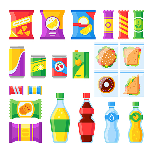 Vending products. Snacks, chips, sandwich and drinks for vendor machine bar. Cold beverages and snack in plastic package merchandising flat vector isolated icons set