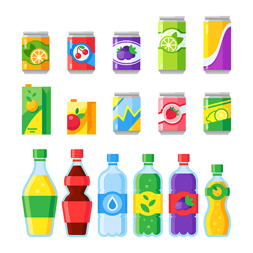 Drink beverages. Cold energy or fizzy soda beverage, sparkling water and canned fruit juice in glass bottles. Cartoon colorful purple orange green red blue yellow drinks isolated flat vector icons set