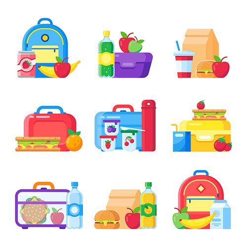 Kids school lunch box. Schoolkid meal bag for dinner. Red apple, milk child hamburger fresh snack dinners meal in children food boxes and plastic sandwich bag flat icon colorful vector isolated set