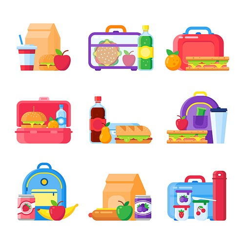 School kid lunch box. Healthy and nutritional food meals for kids breakfast in lunchbox plastic fruit bags of apples. Sandwich and snacks packed in schoolkid meal break bag vector isolated icons set