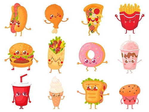 Cartoon fast food mascots. Street food character, french fries and pizza mascot vector illustration set. Character mascot fast food, sausage and sandwich, pizza and beverage