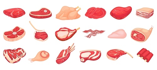 Cartoon raw meat, steak and beef minced meat. Rack of ribs, chicken breast and pork loin vector set. Chicken and beef for barbecue, cartoon steak pork illustration