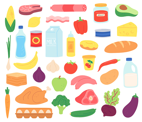 Food products. Natural meat, dairy, organic fruits and vegetables, desserts and bread. Goods in package and can, flat vector set. Natural meal and product, nutrition healthy and fresh illustration