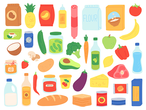 Food groceries. Shop products in bags and bottles. Supermarket snack, pasta and tomato can, milk and cereals. Grocery goods vector set. Illustration supermarket, sausage and bread, cheese and avocado