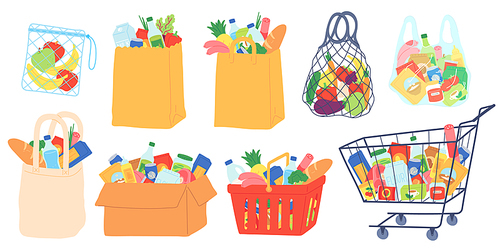 grocery bags and carts. shopping basket, paper and plastic packages,  bag with organic food. supermarket goods and groceries vector set. illustration basket bag and cart with food