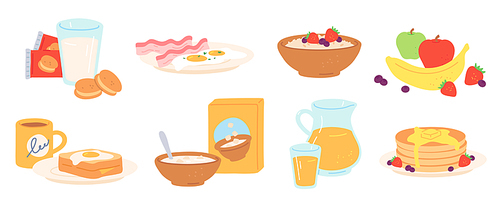 Breakfast meal. Morning lunch drink and food healthy fruit, eggs and bacon, bread, porridge, cereal and milk, pancakes. Luncheon vector set. Cookies, jar and glass with juice, dishes for eating