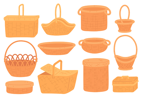 Wicker baskets. Empty straw basket for picnic, grocery or gift. Handmade round bamboo hamper and box. Trendy flat rattan basketry vector set. Illustration basket wicker handmade for picnic