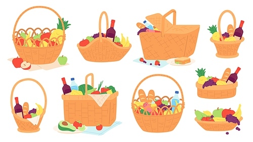 Picnic baskets. Wicker hampers with food and wine bottle on blanket for outdoor meal. Cartoon gift basket with fruits and snacks vector set. Illustration bottle and food in basket to summer picnic