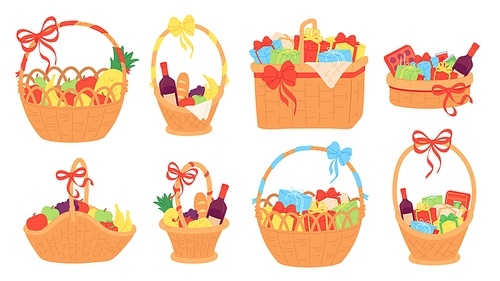 Gift basket. Wicker baskets with present boxes for christmas, food, fruit, chocolate and vine bottle. Flat hamper with bow ribbon vector set. Illustration gift present with chocolate and fruits, gifts