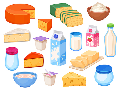 Dairy products. Cheese slices, milk in bottle, box and glass, yoghurt, butter, curd in bowl and cream. Cartoon farm milky food vector set. Dairy milk bottle and breakfast cheese product illustration