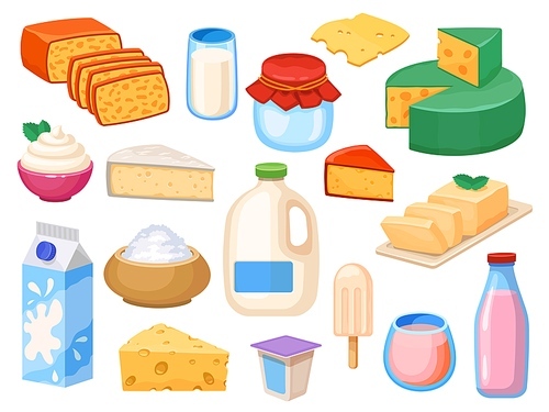 Milk products. Milky drinks in glass, box and galon, yogurt, whipped and sour cream, cheese types and butter. Farm fresh dairy vector set. Illustration breakfast product, glass milk and yogurt pack