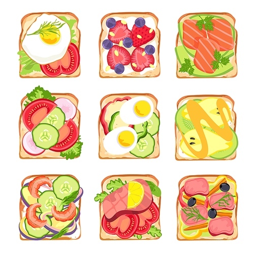 Healthy sandwiches. Tasty breakfast toast bread with avocado and salmon, salad, eggs and tomato, strawberry. Vegetarian sandwich vector set. Illustration sandwich healthy meal with vegetable and snack