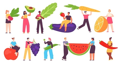 Tiny people with healthy food. Man and woman carry vegetable and fruit. Organic fresh farm vegan product. Cartoon vegetarian diet vector set. Illustration tiny person with healthy vegetable food