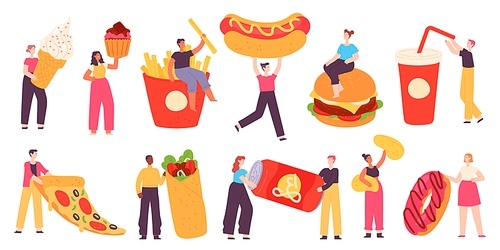 People with fast food. Tiny characters hold pizza, burger, hot dog, soda drink, potato chips and sweet dessert. Flat street food vector. Illustration woman man holding junk fastfood, pizza and hot dog