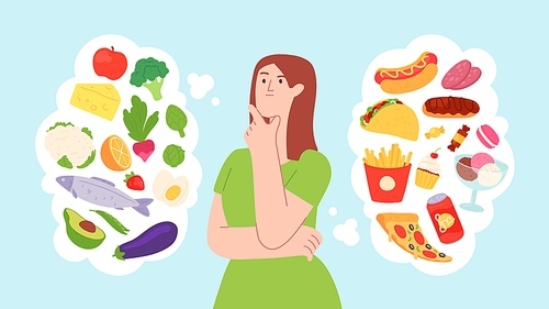 Woman on food diet. Healthy and unhealthy products balance. Character choose between fastfood and vegetable. Health lifestyle vector concept. Healthy and unhealthy diet, character choice illustration