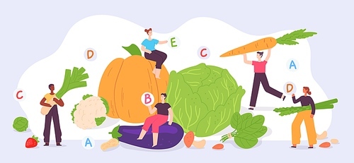 Healthy vegan food. Tiny people with vegetable and fruit. Fresh farm products. Flat vegetarian men and women on vitamin diet vector concept. Illustration vegetable food, healthy vegan diet