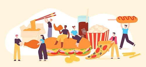 People eat fast food. Tiny men and women enjoy junk foods, pizza, popcorn, chips and fried chicken. Tasty street cafe meal vector concept. Illustration fast food, character eat nutrition