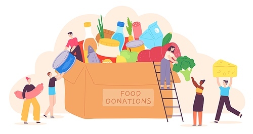 People donate food. Tiny characters put grocery product in charity box. Volunteer community help for poor. Holiday food drive vector concept. Illustration volunteer charity, social donate and help