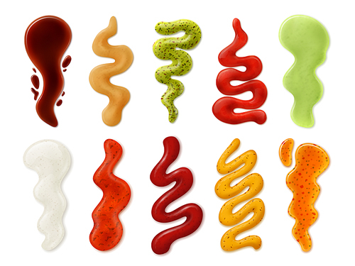 Realistic sauces strips. Tomato ketchup, mayonnaise, mustard, cheese and wasabi spicy sauce spots, splashes and stain 3d isolated vector set. Illustration mayonnaise sauce and mustard, spicy ketchup