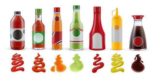 Realistic sauces in bottles. Hot chili, tomato ketchup, mustard and soy sauce in glass packaging and condiment splash vector set. Illustration chili sauce and mustard, ketchup tomato and mayonnaise