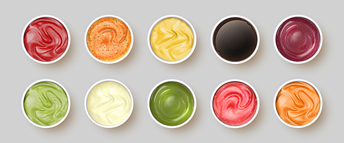 Dip sauces top view. Bowls with mayonnaise, tomato ketchup, mustard, pesto, curry and guacamole. Realistic spicy seasoning sauce vector set. Illustration dip sauce, spice and white