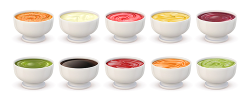 Dip sauces top view. Bowls with mayonnaise, tomato ketchup, mustard, pesto, curry and guacamole. Realistic spicy seasoning sauce vector set. Illustration spice seasoning tomato