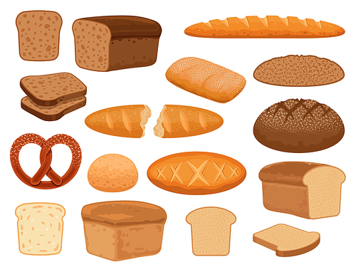 Cartoon bread products. Toast slice, baked french baguette, wheat and whole grain loaf, pretzel and ciabatta. Fresh bakery pastry vector set. Illustration bread and bakery, baguette for breakfast