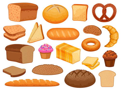 Cartoon bread. Sweet pastry bun, cupcake, croissant and donut. Grain loaf, toast slice, bagel, french baguette and bakery vector set. Illustration croissant bakery and baguette, bread and cupcake