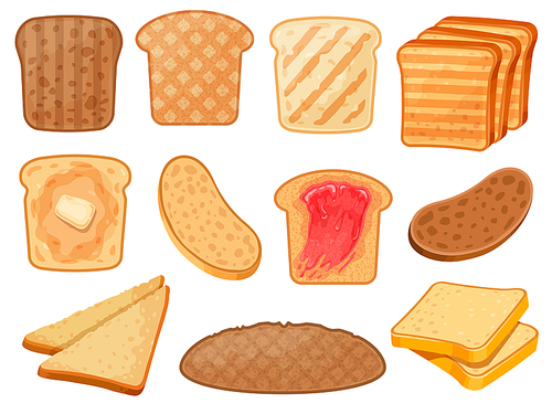 Cartoon toasts. Fresh toasted whole grain and wheat bread slices with butter and jam for breakfast. Roasted sandwich toast vector set. Toast breakfast with jam, wheat bread with butter illustration