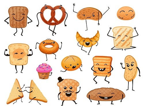 Bread characters. Funny cartoon bakery products, loaves, toasts and sweet pastry. Breakfast croissant and muffin with cute faces vector set. Illustration bakery toast and cartoon bread faces