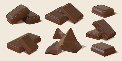 Realistic dark and milk chocolate bar pieces and chunks. 3d bitter cocoa candy, sweet brown bubble chocolate block. Snack dessert vector set. Illustration of milk chocolate, dark sweet