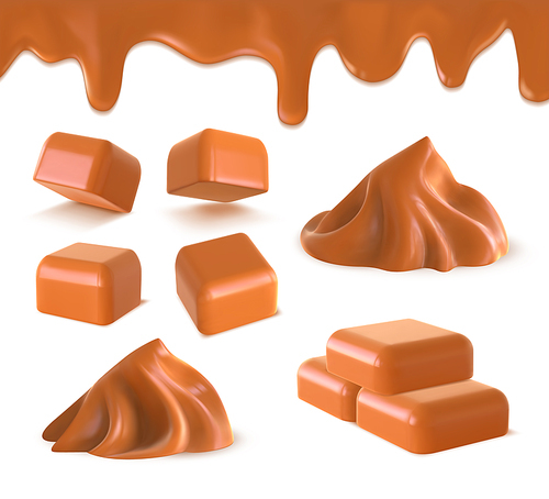 Realistic liquid caramel, cube toffee candies and peanut butter. 3D sweet melted caramel border and swirl. Condensed milk dessert vector set. Illustration of caramel tasty, candy toffee dessert
