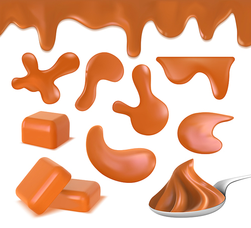 Realistic toffee melted caramel border, puddles and candy. Peanut butter on spoon, dripping milk caramel cream, drops and swirl vector set. Illustration of pouring flow toffee, peanut drop dessert