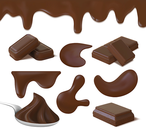 Realistic chocolate cream puddles, cocoa butter and bar pieces. Dark chocolate swirl on spoon, liquid icing border and melt drop vector set. Illustration of cream cocoa, chocolate dessert isolated