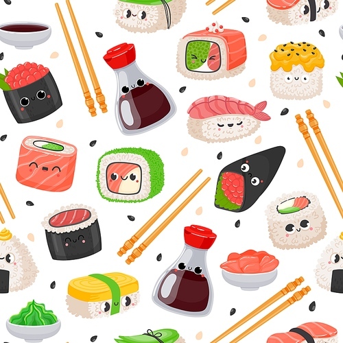 cartoon kawaii sushi emoji character seamless pattern. cute japanese food,  roll with salmon, onigiri, soy sauce. sashimi vector texture. asian traditional cuisine with chopsticks