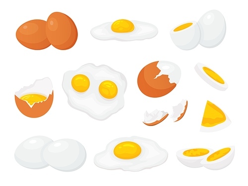 Cartoon raw, broken boiled and fried chicken eggs with yolk. Fresh farm sliced egg, cracked eggshell. Cooked eggs for breakfast vector set. Organic product ingredient in different forms