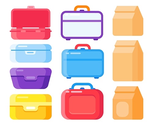 Lunch container set for take away food. Snacks packaging, Lunch meal in disposable bags. Colorful plastic lunchboxes and paper bags to carry homemade food isolated vector illustration