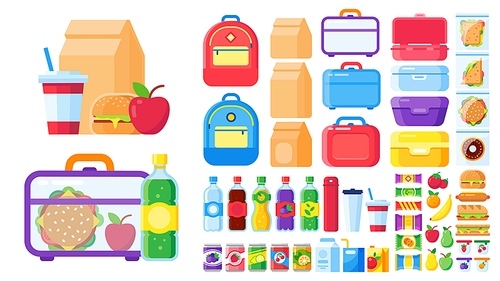 Lunch box constructor. Food for lunchbox isolated, pack snack for children, mea and vegetable. Vector illustration