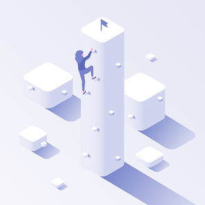 Business climbing target. Progress success, career growth ambition and motivation effort. Successful leadership hiker, corporate office career climb steps isometric vector concept illustration