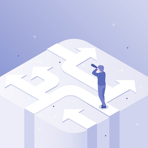 Businessman decision. Business direction choice, success career decisions and choosing ways. Manager thinking, business strategy right directions choose isometric vector concept illustration
