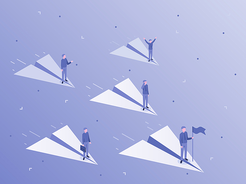 Businessman flying on paper airplane. Business team leader, office workers and company teamwork. Work leadership, success person on plane or working traveling isometric vector illustration