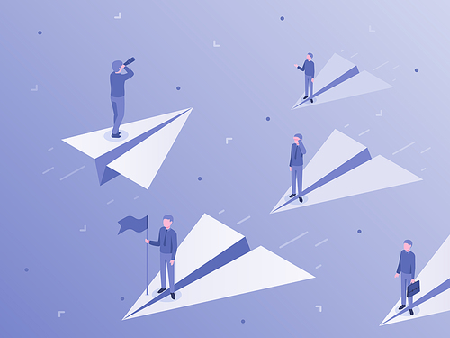 Own business way. Businessman on paper airplane stand out from crowd, individuality and unique. Startup challenges idea or leadership inspiration winning metaphor isometric vector illustration