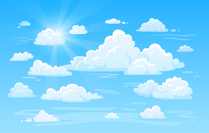 Blue clean bright sunshine air cottony sky with clouds panorama. White heavenly cloud weather background vector cartoon illustration