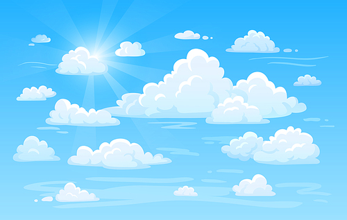 Blue clean bright sunshine air cottony sky with clouds White heavenly cloud weather background vector cartoon illustration