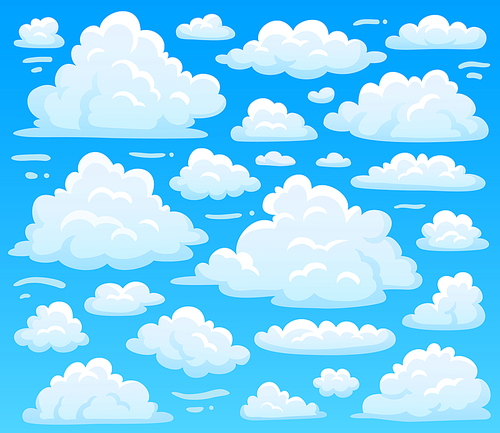Cartoon fluffy cloud at azure skyscape. Heavenly clouds on blue sky, atmospheric cloudscape vintage 2d vector illustration