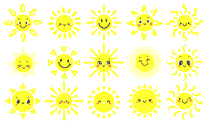 Hand drawn sun. Cute bright suns with funny smiling face, warm shining sunlight and happy day sun. Sunny emotions sketch. Cartoon vector illustration isolated sign set