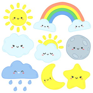 Cute sky. Happy sun, funny moon and hand drawn star. Nursery sleep clouds, baby rainbow and night stars. Cloud smiling face or weather character. Cartoon vector isolated symbols illustration set